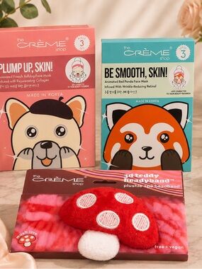 The Crème Shop Mushroom Plushy Spa Headband and face masks bundle